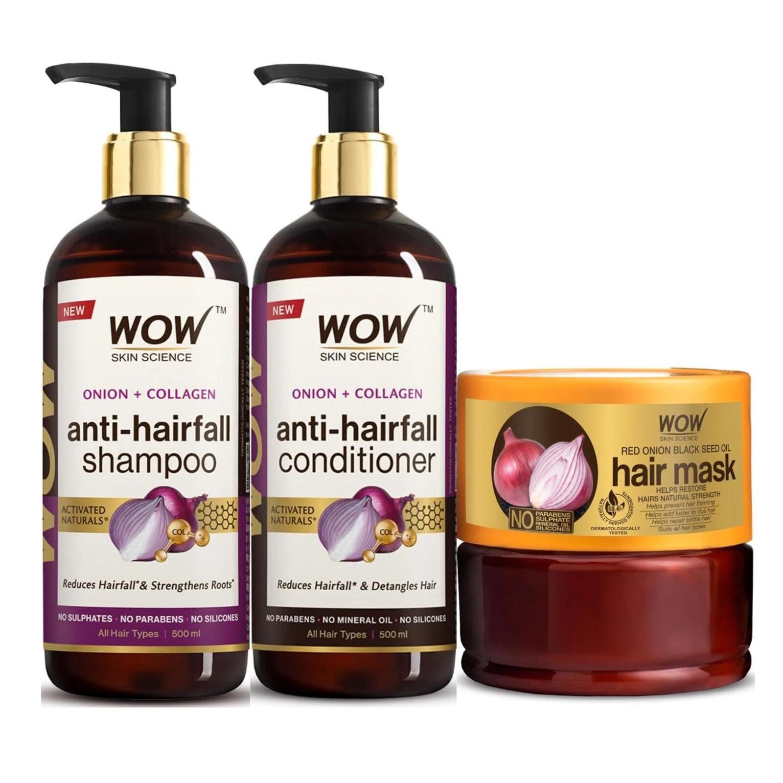 WOW Skin Science Red Onion & Collagen Black Seed Shampoo,Conditioner & Hair Mask