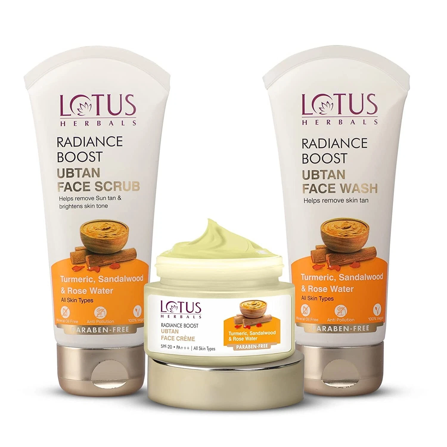 Lotus Herbals Radiance Boost Ubtan Face Cream SPF 20,Face Wash,Face Scrub 100g