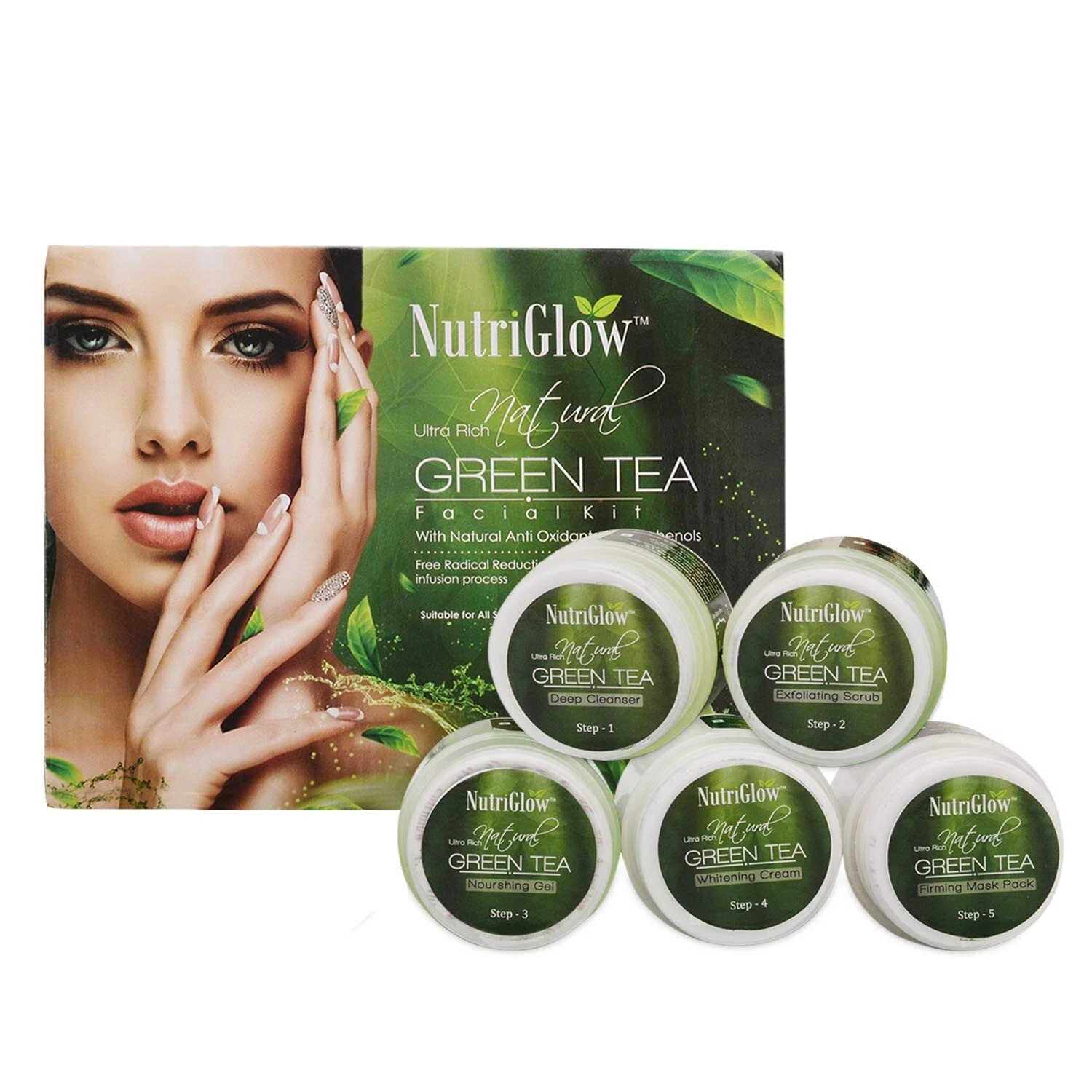 NutriGlow Green Tea Facial Kit 5-Pieces Skin Care Set For Deep Cleansing 250gm