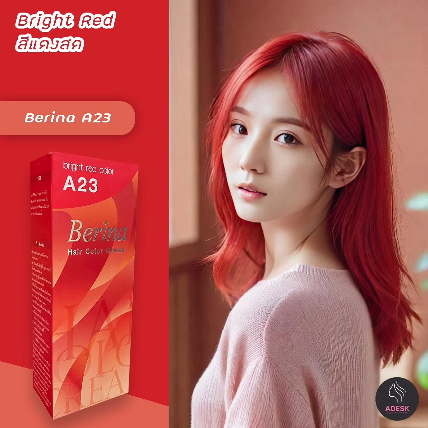 Berina Best Hair Dye Color Cream A23 Bright Red Long Lasting Permanent 60ml